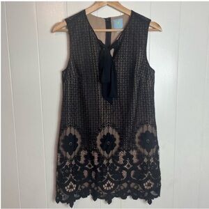 Cece Shift Mini Dress Lace Overlay Bow Sleeveless Dainty Feminine Black Nude 2